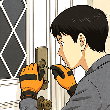 玄関の鍵をピッキングで開ける作業員の漫画風イラスト